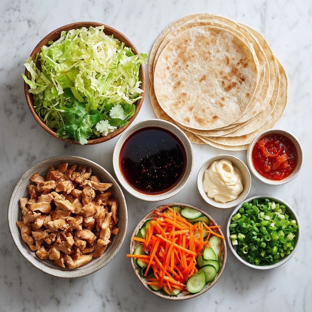 A single flat tortilla is placed on a white marbled surface with parchment paper underneath. The first layer on the tortilla is a smooth white sauce spread unevenly across it, topped with chunks of cooked chicken in orange-colored sauce. Thin slices of red onion and chopped fresh green herbs are sprinkled on top of the chicken, adding pops of purple and green. There is a drizzle of red pepper sauce on top, creating a contrast with the white sauce. A lemon wedge and a knife with a wooden handle are visible in the background. Photo taken with an iphone --ar 4:5 --v 7