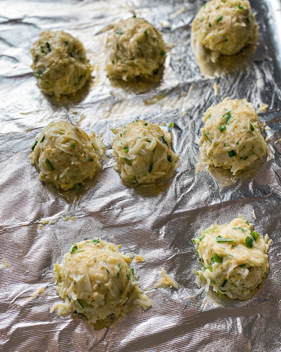 The image shows seven small mounds of shredded mixture placed on a sheet of shiny foil. Each mound has a creamy off-white color mixed with green pieces, giving a textured look with visible bits of what looks like cheese and vegetables. The mounds are uneven in shape and size, roughly oval, and spaced apart on the foil surface. The shiny foil underneath has some wrinkles and glimmers in the light, with a slight hint of oil around the bases of the mounds, adding a glossy touch to the scene. photo taken with an iphone --ar 4:5 --v 7