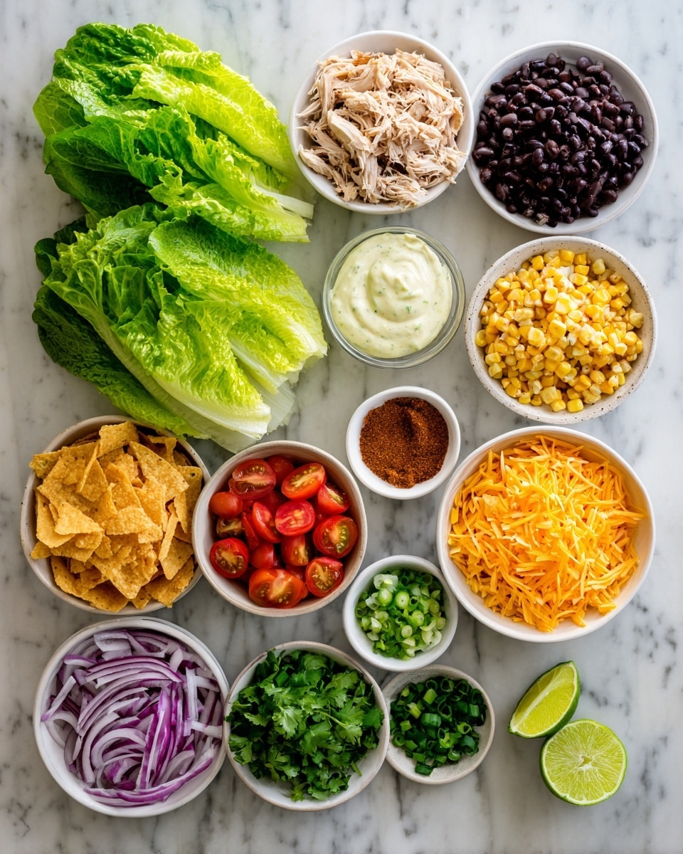 The image shows the ingredients for a taco salad arranged neatly on a white marbled surface. There are two halves of fresh green romaine lettuce on the left side. Surrounding them are small white bowls filled with different ingredients: dark black beans at the top right, shredded light brown chicken below them, creamy ranch dressing to the left of the chicken, and bright yellow corn next to the dressing. Below the corn, there is a bowl of crunchy orange tortilla strips. More bowls line the lower part, including red grape tomatoes, vibrant orange shredded cheese, thin purple red onion slices, chopped green onions, fresh cilantro leaves, and reddish-brown taco seasoning powder. Two lime halves sit at the bottom right. Each ingredient is clearly visible and distinct in color and texture. The photo taken with an iphone --ar 4:5 --v 7