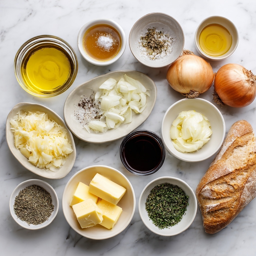 The image shows two brown and cream ceramic bowls filled with a layered dish placed on a wooden board. Each bowl has a top layer of golden, melted cheese with crispy edges and toasted slices of bread sticking out from the cheese. Fresh green parsley is used as a garnish on top of each bowl. The background is a soft, blurry gray with green herbs and bottles faintly visible. The surface under the wooden board is a white marbled texture. photo taken with an iphone --ar 4:5 --v 7