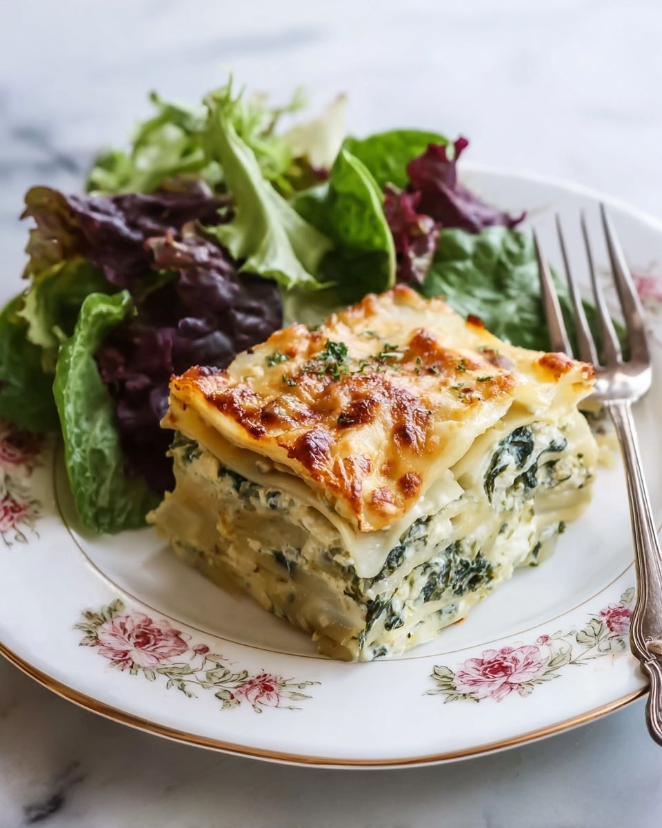 A white plate with a delicate floral pattern holds a square piece of layered spinach lasagna. The lasagna shows about four visible layers of creamy white pasta sheets filled with a mixture of leafy green spinach and white cheese, topped with a golden, slightly browned cheesy crust. To the left of the lasagna, there is a fresh salad of mixed leafy greens in varying shades of green and purple. A silver fork rests at the top right side of the plate. The plate sits on a white marbled textured surface. Photo taken with an iphone --ar 4:5 --v 7