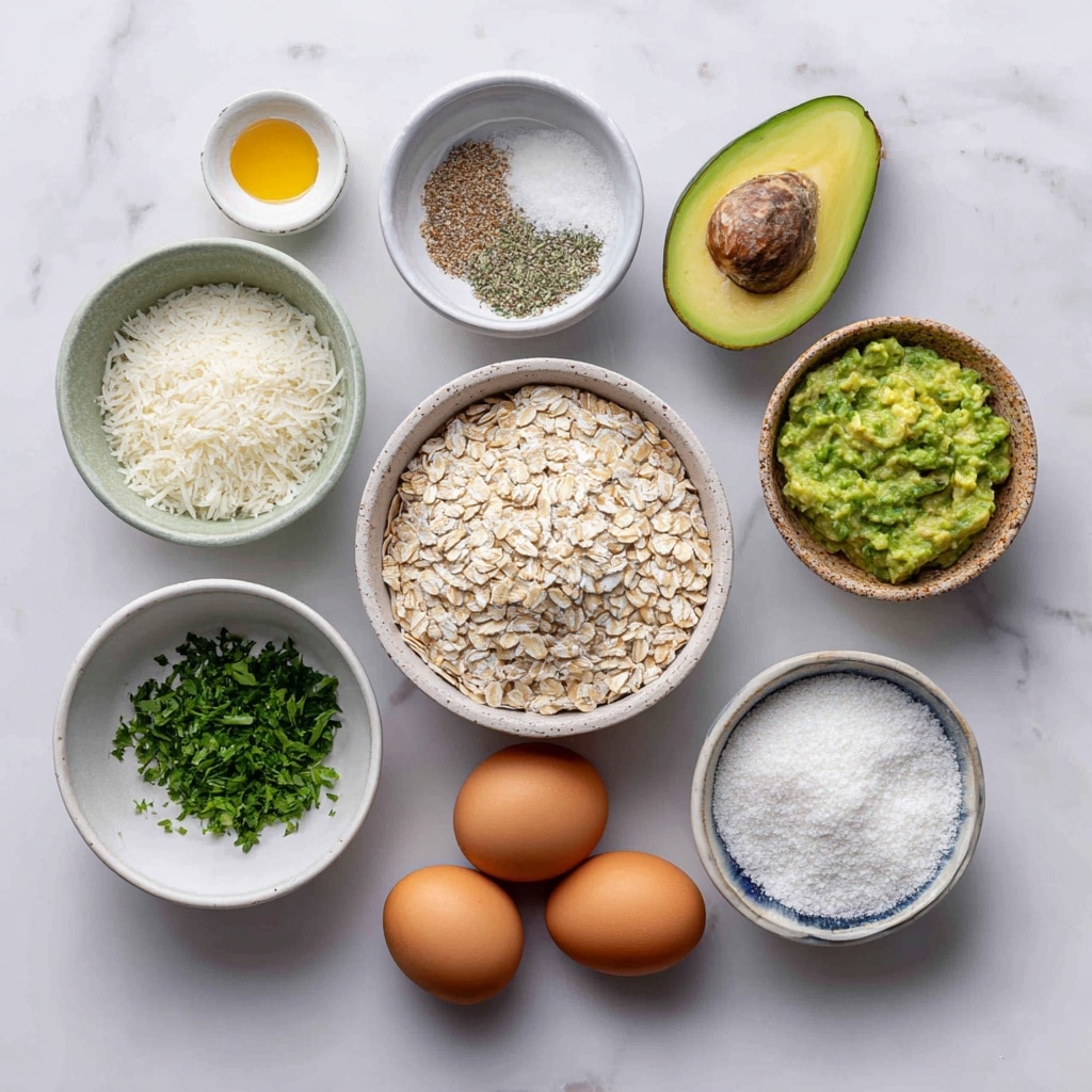A white bowl holds a dish with three clear sections: the base layer is thick, light brown oatmeal filling most of the bowl; on the right side, a sunny side up egg with a bright yellow yolk and white edges is placed on top of the oatmeal, lightly seasoned with black pepper; on the left side, several slices of fresh green avocado lay neatly, with a small pile of shredded white cheese and a few green parsley leaves next to the egg. The bowl sits on a white marbled surface. Photo taken with an iphone --ar 4:5 --v 7