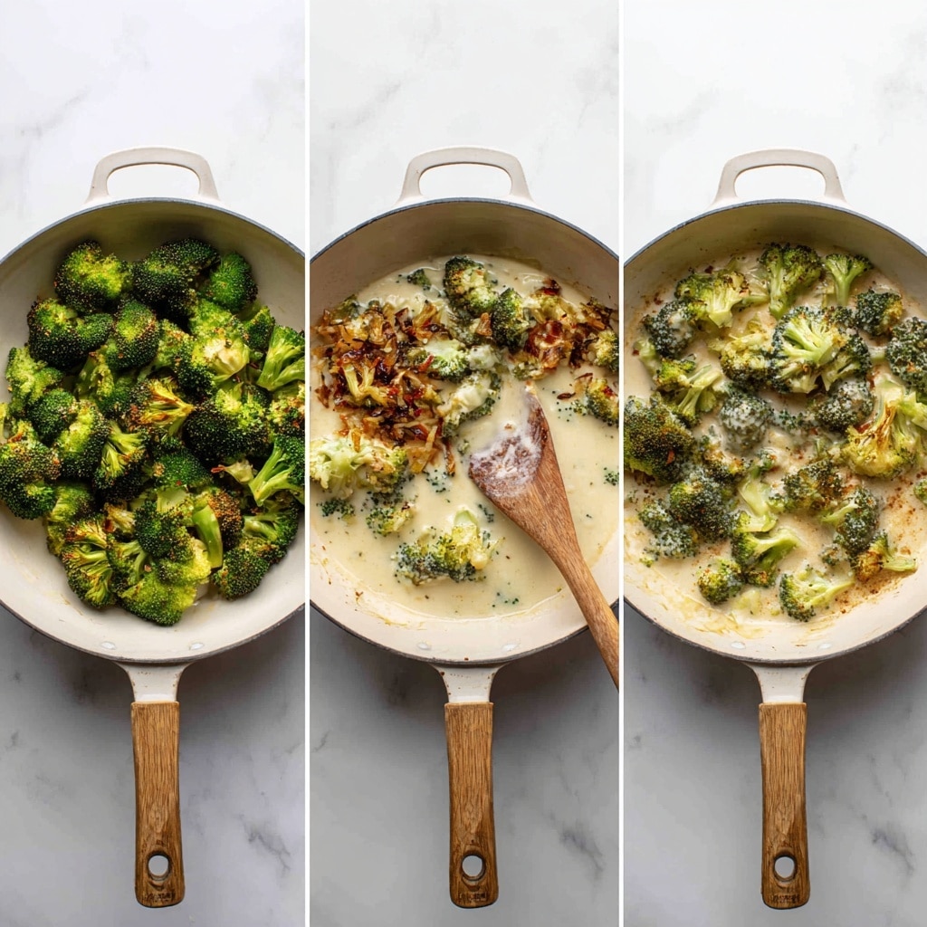 The image shows three stages of cooking broccoli in a white pan on a white marbled surface. In the first layer, green broccoli pieces are roasted with some browned edges and bits of browned garlic or chili. The second layer shows the broccoli covered with a light creamy sauce, still showing the green and golden colors, with some brown bits mixed in. The third layer has the broccoli mixed more evenly with the creamy sauce and browned bits, with a wooden spoon stirring the mixture inside the same white pan. photo taken with an iphone --ar 4:5 --v 7