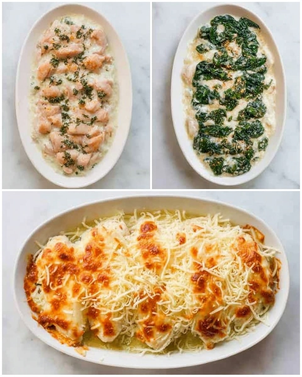 The dish shows a clear layering process on a white oval plate placed on a white marbled surface. The first layer consists of light pink cooked chicken pieces spread evenly across the plate. On top, there is a layer of creamy white sauce, followed by bright green spinach leaves scattered over the sauce. The next image in the sequence shows the same plate with a thick layer of pale yellow shredded cheese covering all the ingredients below. The final image shows the dish baked with the cheese melted and slightly browned on the edges, with some crispy orange spots and the spinach leaves faintly visible through the cheesy topping. photo taken with an iphone --ar 4:5 --v 7