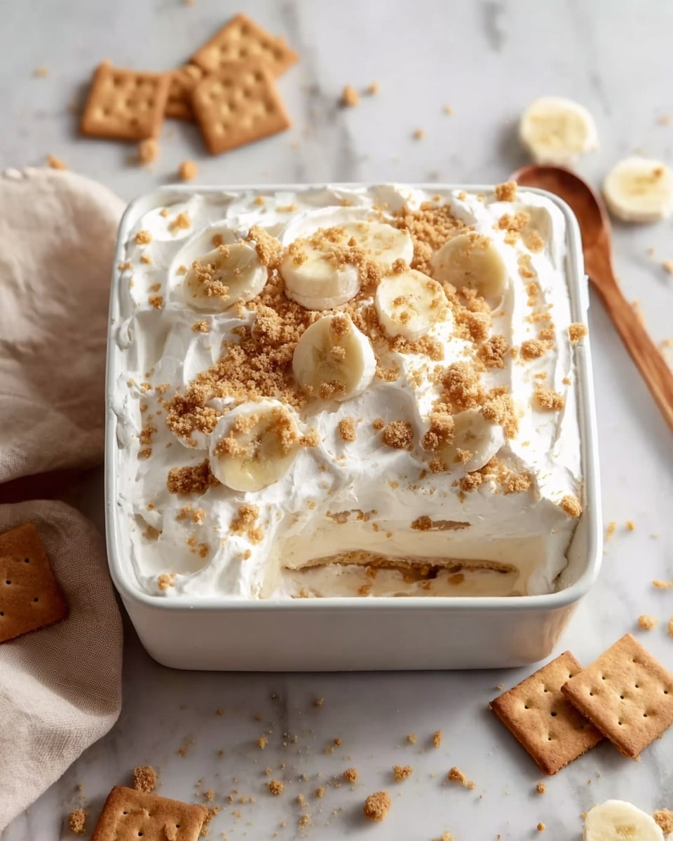 A clear white rectangular dish holds a layered dessert with a creamy white whipped topping sprinkled with light brown crumbs and topped with banana slices. The dish has three visible layers: the bottom layer is made of brown crumbly pieces, the middle layer is a smooth creamy yellow filling, and the top layer is thick, fluffy white whipped cream. There are banana slices peeking out from the middle layer and placed on top, while crumbs are scattered around the dish and on the white marbled surface below. Photo taken with an iphone --ar 4:5 --v 7