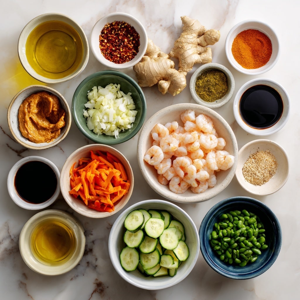 The image shows a round mound of white rice at the center of a white plate. The rice is topped with small slices of green onions, adding a fresh green color to the top. Surrounding the rice is a layer of shrimp cooked in a glossy orange sauce mixed with sliced carrots and green vegetables, creating a colorful and textured appearance. The shrimp pieces are coated evenly with the sauce and sprinkled with sesame seeds and chopped green onions. In the background, there are sliced limes and a white bowl filled with more rice, all set on a white marbled surface. photo taken with an iphone --ar 4:5 --v 7