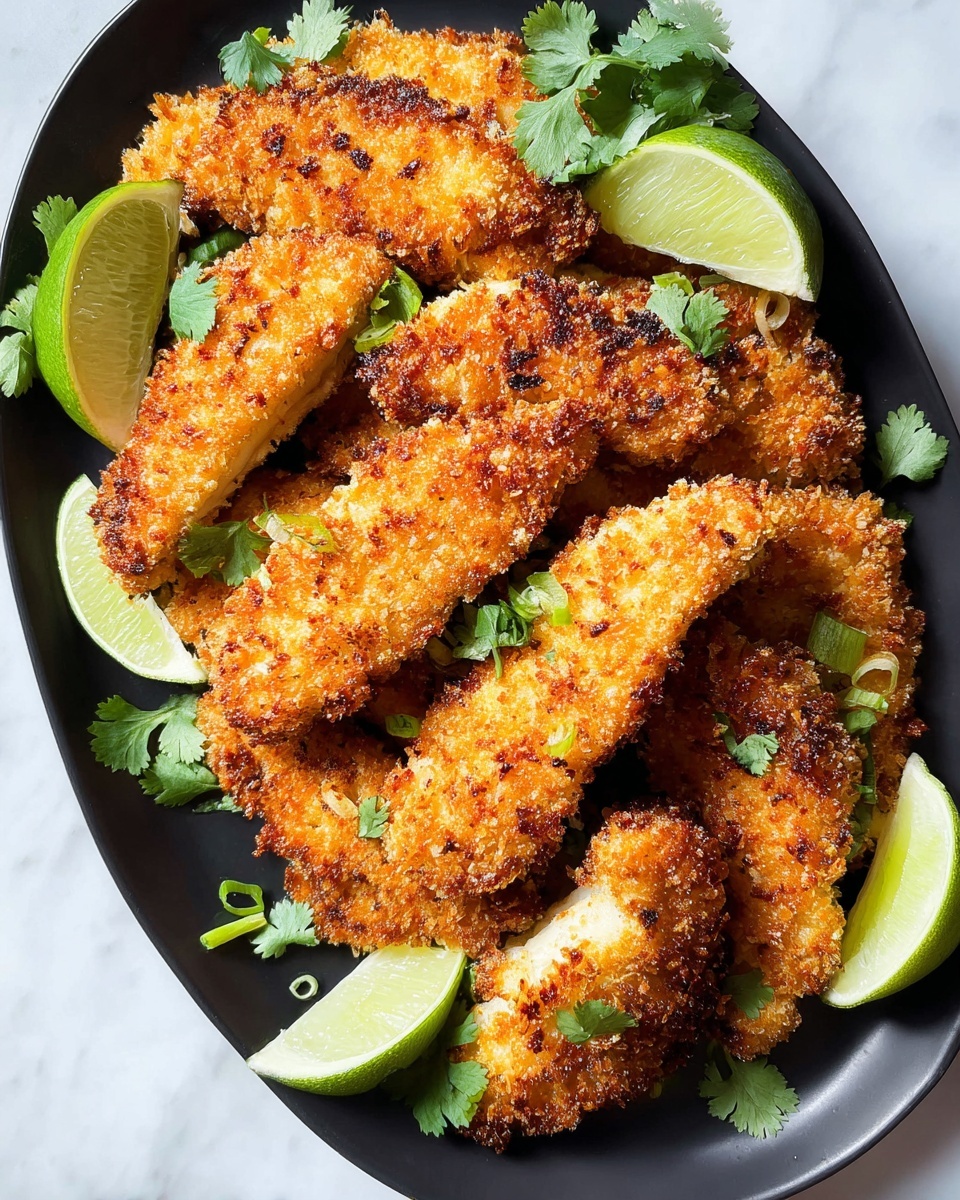 A black oval plate filled with about ten golden-brown crispy breaded strips stacked closely together, showing a crunchy texture with some darker toasted spots. Bright green cilantro leaves and thinly sliced scallions are scattered around the strips. Four lime wedges with a light green color rest along the edges of the plate, adding freshness. The plate sits on a white marbled surface. photo taken with an iphone --ar 4:5 --v 7
