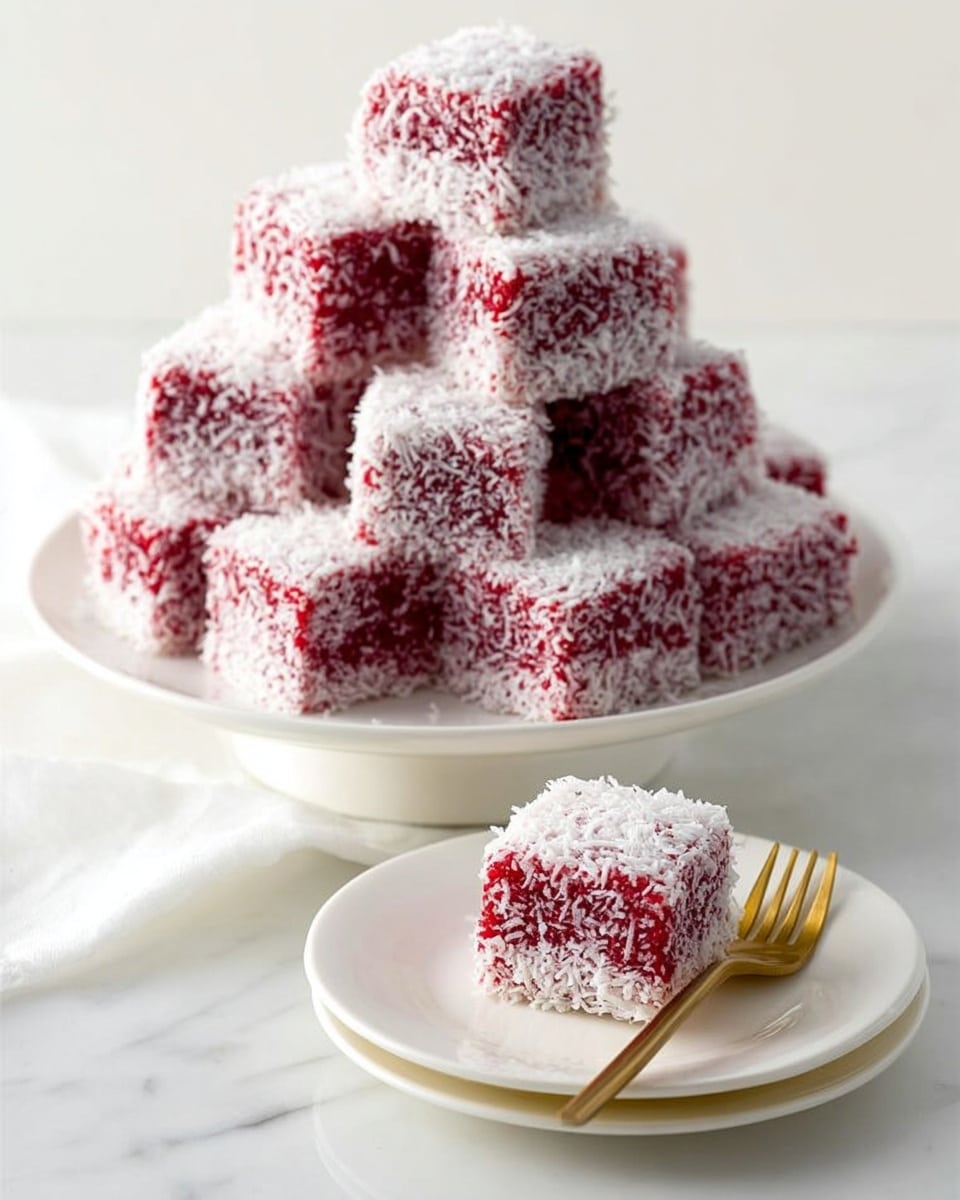 A stack of red cube-shaped treats covered in white shredded coconut is placed on a white plate at the center. Each cube is soft and slightly textured, with the red color peeking through the coconut layer. In front of the stack, two white plates each hold one cube, accompanied by a gold fork resting diagonally on the plate. The scene is bright and clean, set on a white marbled surface. photo taken with an iphone --ar 4:5 --v 7