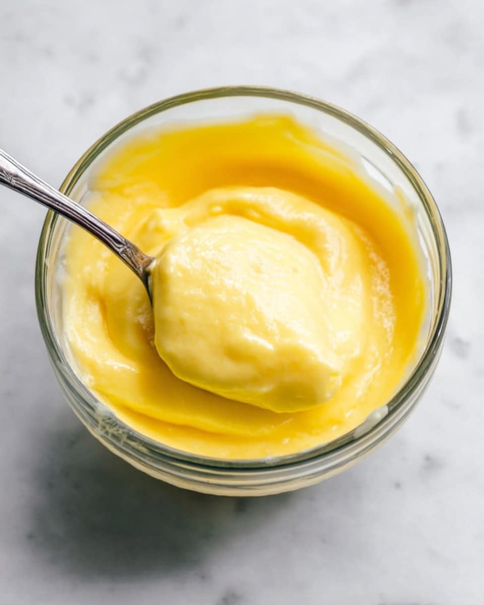 A clear glass bowl filled with smooth, thick, bright yellow cream that has a rich texture. A silver spoon rests in the cream, slightly covered with it, showing the soft and creamy consistency. The bowl is placed on a white marbled surface, which adds a clean and fresh look to the setting. photo taken with an iphone --ar 4:5 --v 7