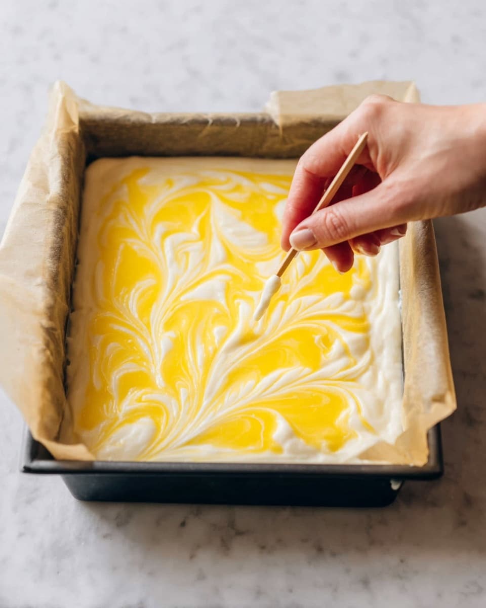 A close-up view of a square baking pan lined with parchment paper, filled with a smooth white batter as the base layer. On top, thick yellow swirls of sauce or mixture are spread unevenly, creating a marbled pattern. A woman's hand is holding a toothpick, gently dragging through the yellow swirls to create a decorative design blending both layers. The baking pan sits on a white marbled surface. photo taken with an iphone --ar 4:5 --v 7
