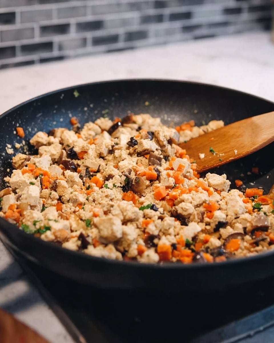 A close-up view of a black frying pan filled with a cooked mixture of small, soft tofu pieces and finely chopped vegetables including orange carrots and dark mushrooms, with green herbs sprinkled throughout. A wooden spatula is resting inside the pan, partially visible at the right side. The scene is set on a stove with a blurred gray and white tiled backsplash in the background, all placed on a white marbled surface. Photo taken with an iphone --ar 4:5 --v 7