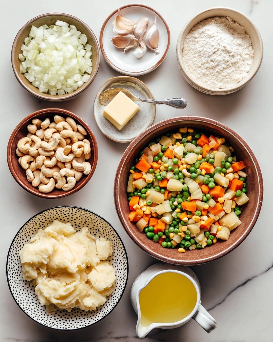 The image shows a top view of several bowls and plates with different ingredients placed on a white marbled surface. In the center, there is a brown bowl filled with a mix of frozen vegetables including green beans, peas, corn, and orange carrot cubes. Below it, a white bowl with black dots contains light-colored mashed potatoes with a slightly rough texture. To the left, another brown bowl is filled with cashew nuts. Above this, there is a small plate with a square of butter. At the top left, a brown bowl contains chopped white onions, alongside a white plate holding three cloves of garlic and two small spoons—one with salt and one with pepper. On the top right, a beige bowl is filled with flour, next to a similarly colored bowl filled with white beans. At the bottom right, a small white pitcher holds melted yellow butter. The ingredients are arranged neatly and clearly separated. Photo taken with an iphone --ar 4:5 --v 7