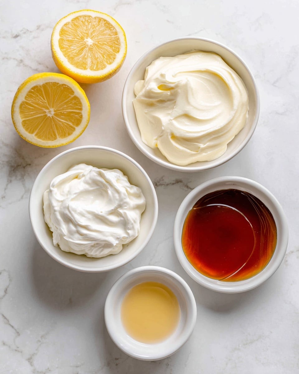The image shows five ingredients arranged on a white marbled surface: a white bowl filled with smooth, creamy white cream cheese at the top center, a smaller white bowl with thick, white Greek yogurt on the left, two halves of a fresh lemon with bright yellow rind and juicy, pale yellow flesh placed in the middle right, a small white bowl with a clear liquid vanilla extract at the bottom left, and a white bowl filled with dark amber maple syrup at the bottom right. Each ingredient is clearly visible and neatly placed with soft natural lighting. Photo taken with an iphone --ar 4:5 --v 7