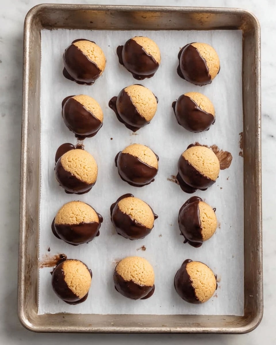 This image shows a metal baking tray lined with white parchment paper on a white marbled surface. On the tray, there are sixteen round cookies evenly spaced in a grid. Each cookie has two layers: the top is light brown and smooth with a slightly cracked surface, and the bottom is dipped halfway into dark chocolate, which forms a glossy, uneven layer that drips slightly onto the parchment. Some chocolate drips are visible around the cookies on the paper. photo taken with an iphone --ar 4:5 --v 7