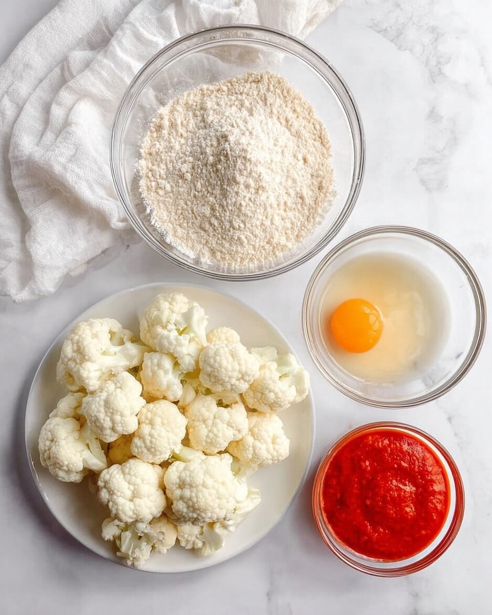 The image shows four bowls and plates arranged on a white marbled surface. At the bottom left, there is a white plate filled with many small cauliflower florets that are white and bumpy. Above the plate, there is a clear glass bowl filled with a mix of pale flour and some light brown powder on top. To the right of the cauliflower plate, there is a small clear glass bowl with one raw egg inside, showing a bright yellow yolk and clear egg white. Below this bowl, there is another small clear glass bowl filled with bright red sauce that has a smooth texture. The scene also includes a white cloth placed loosely in the top left corner. Photo taken with an iphone --ar 4:5 --v 7