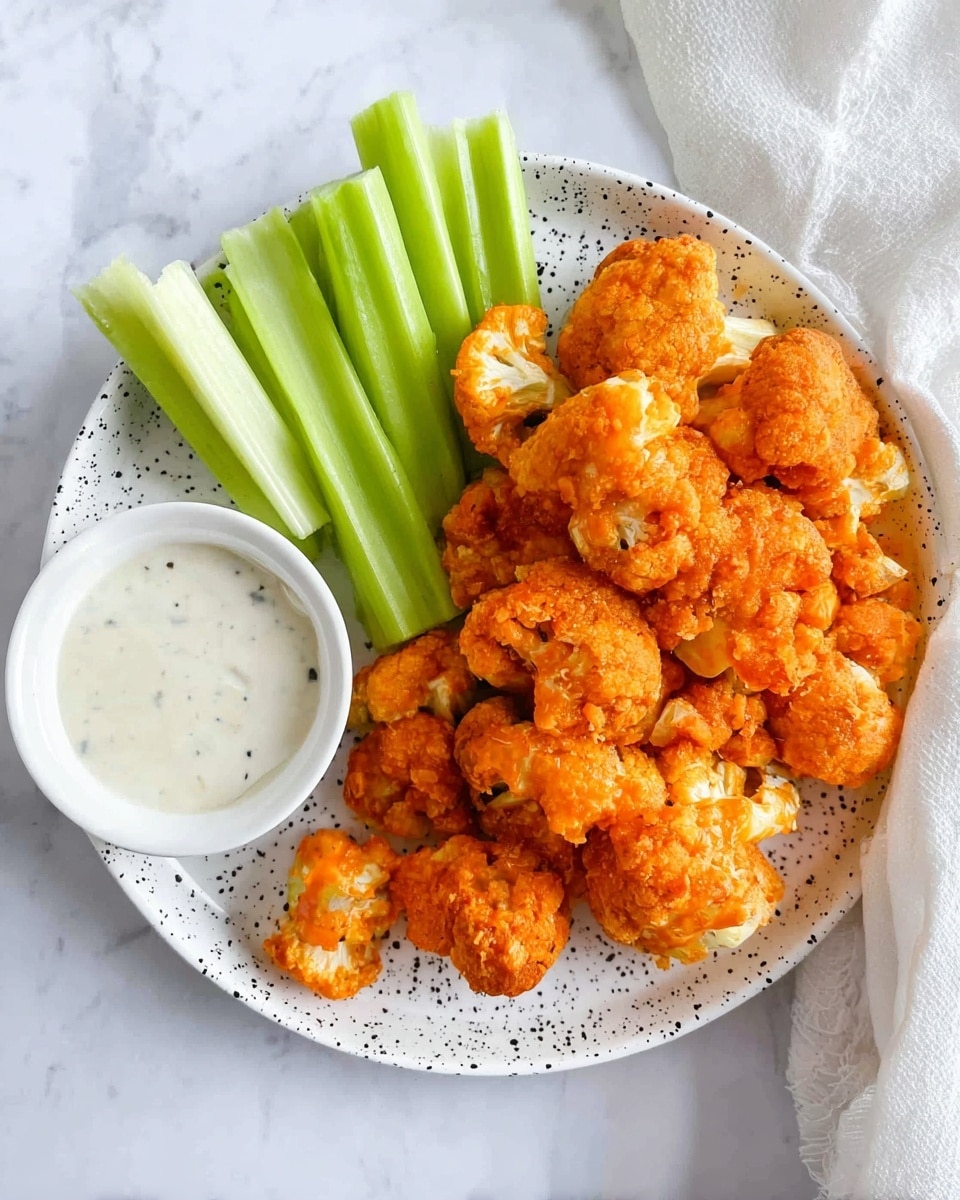 A white speckled plate holds a heap of orange-colored fried cauliflower pieces with a rough, crispy texture, stacked mostly on the right side. On the left side of the plate, there are several fresh light green celery sticks arranged in a neat line. Near the top center of the plate, a woman’s hand is dipping a piece of the fried cauliflower into a small white ramekin filled with creamy white dipping sauce. The plate sits on a white marbled surface with a soft white cloth in the background. photo taken with an iphone --ar 4:5 --v 7