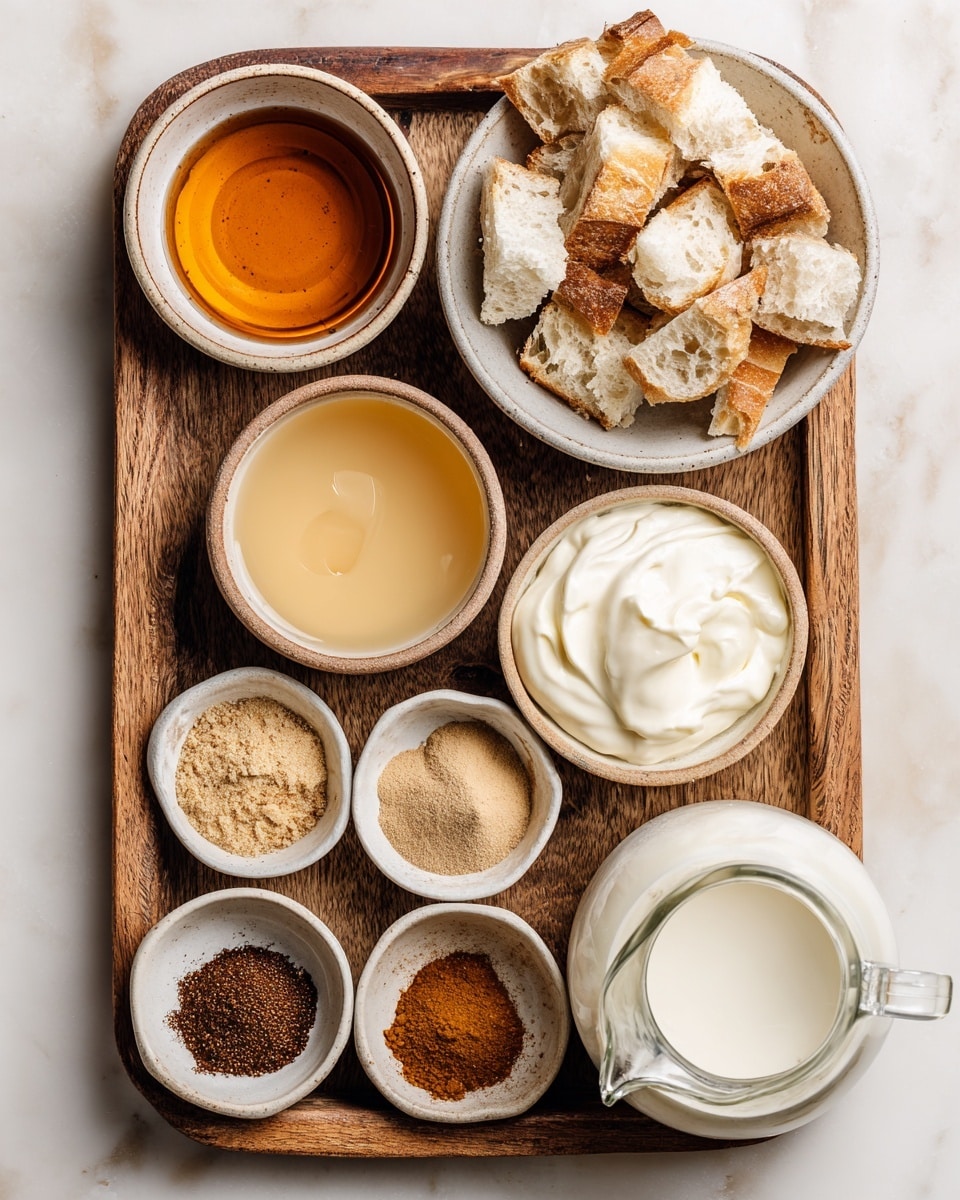 The image shows a wooden tray placed on a white marbled surface, holding several small white bowls filled with various ingredients. At the top left is a bowl of amber maple syrup next to a light brown vanilla liquid in another bowl. To the right is a white bowl filled with roughly torn pieces of stale sourdough baguette. Below on the left side, there are small white bowls containing brown sugar, ground flaxseed, and cinnamon with three different shades of brown powders. Near the center bottom, a glass jug holds smooth off-white almond milk. On the right side of the tray, a white bowl contains creamy white dairy-free yogurt. The overall colors are warm and natural with beige and brown tones. Photo taken with an iphone --ar 4:5 --v 7