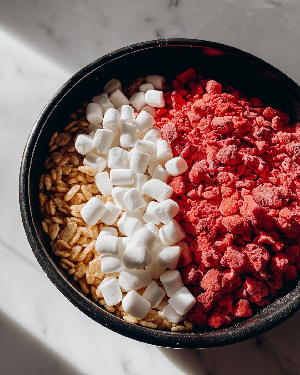 The image shows a black bowl filled with three clear layers of snacks: the bottom layer is light brown crispy puffed rice, the left side on top has a cluster of small white mini marshmallows, and the right side contains bright red crushed freeze-dried strawberries. The bowl is set on a white marbled surface with natural light casting soft shadows. photo taken with an iphone --ar 4:5 --v 7