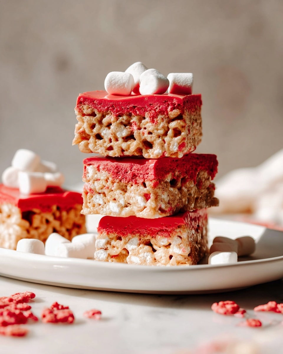 A close-up of a woman's hand with red nail polish pulling apart a rectangular treat made of light brown crispy rice cereal and white marshmallow, dipped halfway in smooth pink coating. The treat shows a stretched, sticky texture where it’s being pulled apart. In the background, more treats of the same kind lie on a light brown paper on a white marbled surface, some whole and some broken, with small white marshmallows scattered around. The lighting is warm and bright, casting clear shadows. photo taken with an iphone --ar 4:5 --v 7