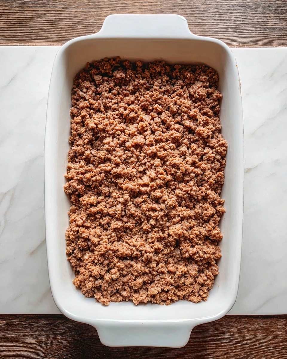 A white rectangular baking dish is filled with one even layer of cooked ground meat. The meat is brown with a few spots of darker brown, showing a crumbled texture with small chunks. The dish is placed on a white marbled surface. photo taken with an iphone --ar 4:5 --v 7