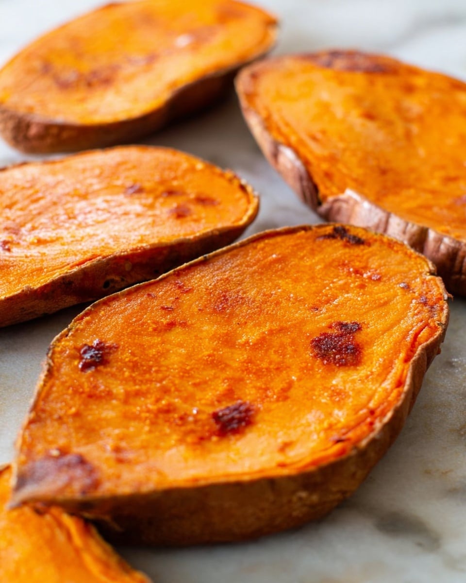 The image shows several thick slices of baked sweet potato with a brownish skin and a bright orange soft interior. Each slice has a slightly rough texture on top with some browned spots from baking. The slices are laid flat on a white marbled surface, with edges slightly crisp. The lighting highlights the shiny, warm surface of the sweet potatoes, making them look freshly cooked. photo taken with an iphone --ar 4:5 --v 7