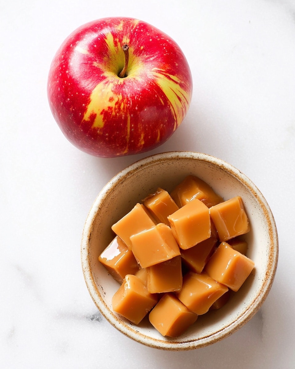 The image shows a single red apple with yellow streaks on top of a white marbled surface, positioned above a small bowl filled with many square caramel pieces. The bowl is white and has a rough texture with a rustic, speckled brown inside. The caramel squares are smooth and shiny, stacked neatly inside the bowl. The clean white marbled background contrasts with the bright apple and warm caramel colors. photo taken with an iphone --ar 4:5 --v 7