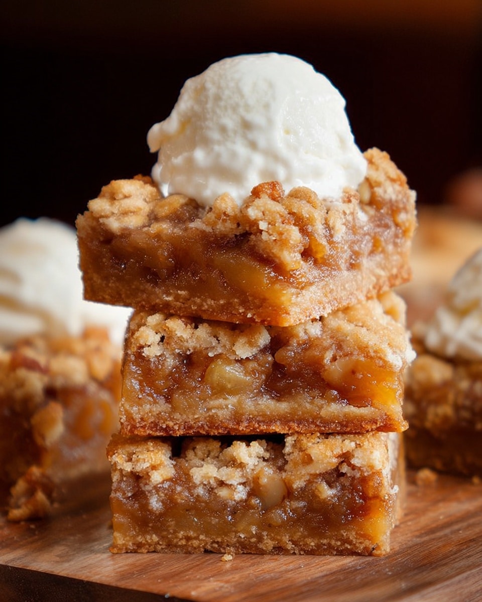 A stack of three square dessert bars with a crumbly, golden-brown texture, filled with visible chunks of fruit and nuts in each layer. The fruit filling appears to be amber and light yellow in color, appearing moist and sticky. On top of the stack there is one scoop of smooth, creamy white ice cream, slightly melting down the sides. The stack is placed on a wooden surface with some more dessert pieces blurred in the background. photo taken with an iphone --ar 4:5 --v 7