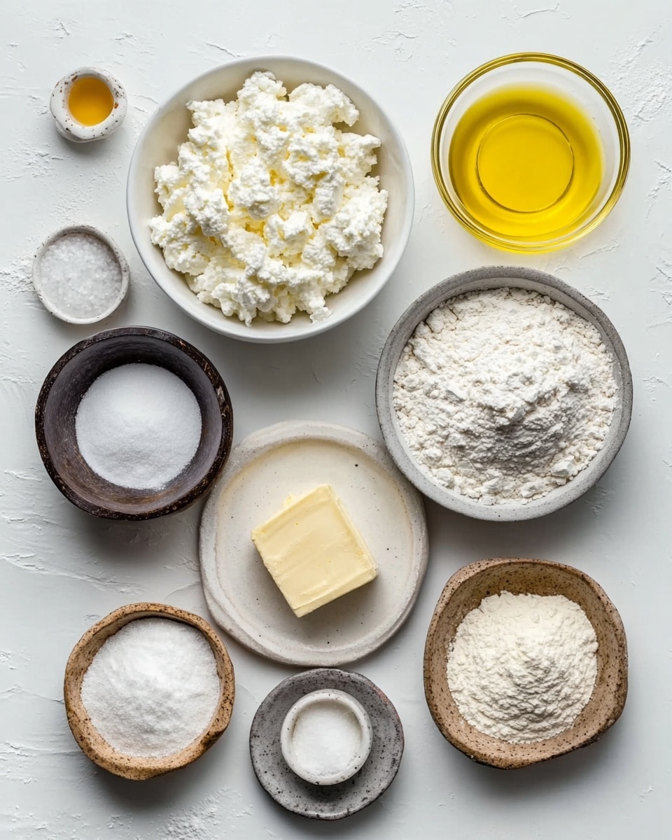 The image shows an overhead view of eleven small containers arranged neatly on a white marbled surface, each holding different baking ingredients. Starting from the top left, there is a white bowl filled with cottage cheese that looks fluffy and lumpy. To its right, there is a gray bowl with white flour that has a fine powder texture. Next to it is a glass bowl with a clear yellow liquid, likely oil, smooth and shiny. Below these, scattered slightly are some white powdery ingredients. On the bottom left, a small dark wooden bowl contains white granulated sugar, and to its right, a small rustic bowl holds a lighter flour or powder. In the center, a small white bowl is filled with another clear, golden-yellow liquid, possibly melted butter or oil. Continuing rightwards, another small wooden bowl holds a chunk of creamy white cheese with a soft texture. Two very small round dishes, one with coarse salt and the other with finely ground white powder, are arranged near the cheese. The surface and layout all create a clean, bright, and organized look. Photo taken with an iphone --ar 4:5 --v 7