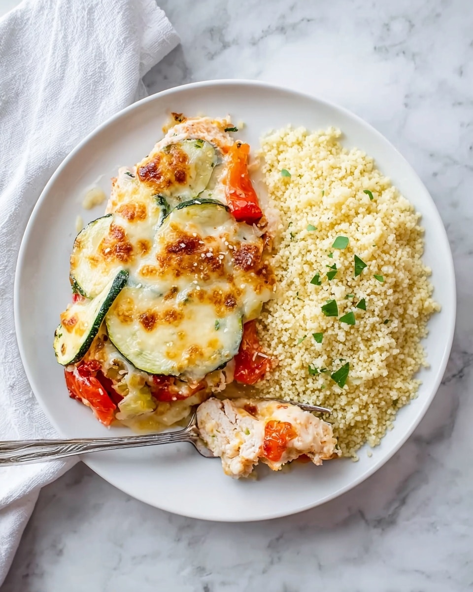 The image shows a white plate with two main sections: on the right, a fluffy pile of light yellow couscous garnished with small green herb bits, and on the left, a layered baked dish. The baked dish has a base of white meat topped with slices of green zucchini, chunks of red bell pepper, and a golden-brown melted cheese layer with some parts toasted darker brown. A silver fork rests on the plate with a piece of the baked dish on it. The plate sits on a white marbled surface, and a white cloth napkin is partly visible in the top left corner. photo taken with an iphone --ar 4:5 --v 7