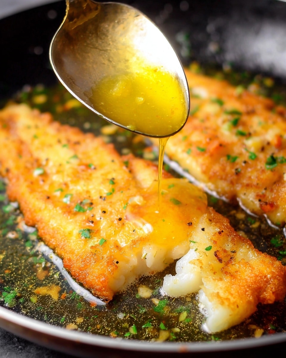 A close-up of two golden fried fish pieces with a light crispy texture, lying in a shiny black pan filled with melted butter and small green herb sprinkles. A shiny spoon, held by a woman's hand, drizzles warm yellow butter sauce over one fish piece, highlighting the flaky white fish inside. Tiny bits of garlic or seasoning are visible in the butter, and the edges of the fish pieces show a light brown crust with black specks of pepper. The whole scene is bright and inviting, with steam rising slightly from the hot pan photo taken with an iphone --ar 4:5 --v 7