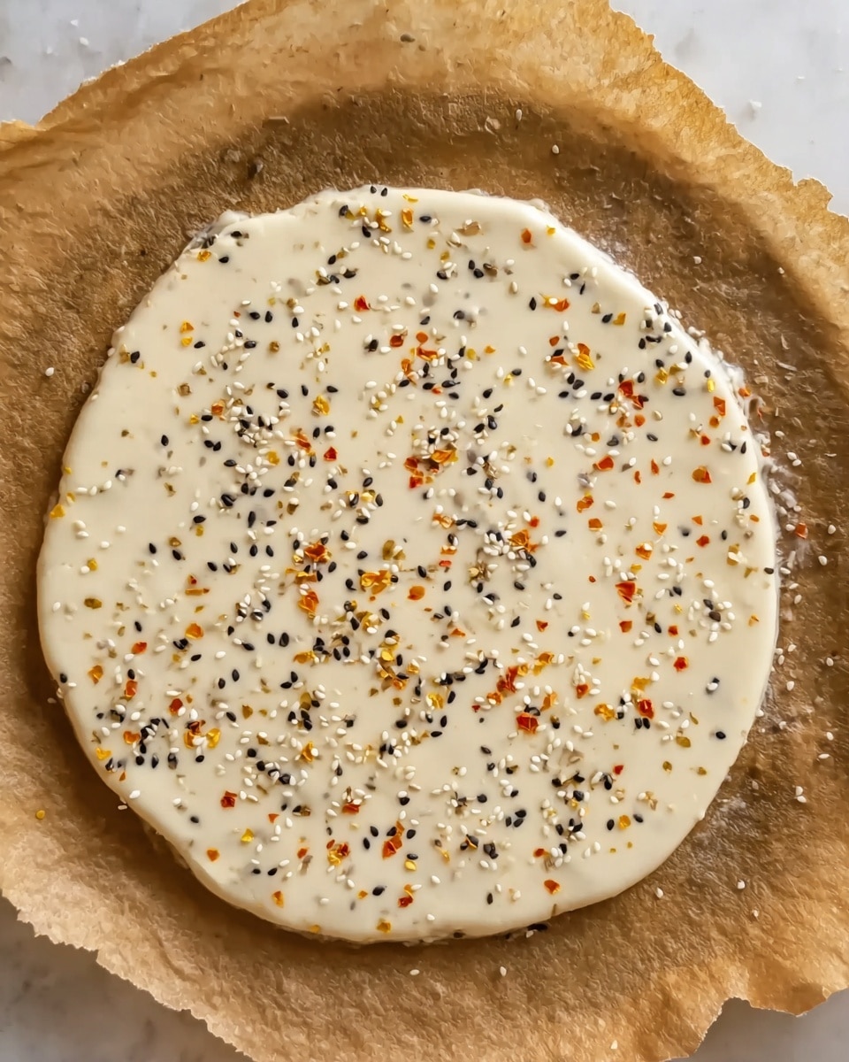 A single round layer of light creamy batter spread on brown parchment paper with an uneven edge. The surface is smooth and sprinkled evenly with small black sesame seeds, white sesame seeds, and tiny bits of orange spice flakes, creating a colorful contrast on the light batter. The background is a white marbled texture. photo taken with an iphone --ar 4:5 --v 7