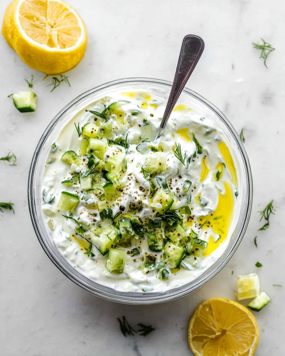A clear glass bowl sits on a white marbled surface, filled with a creamy white mixture that has a thick texture. On top, there are small bright green cucumber pieces scattered, along with finely chopped green herbs and a few specks of black pepper. A drizzle of golden olive oil adds a glossy shine around the mixture. A silver spoon is placed inside the bowl, ready for serving. Surrounding the bowl are two halved lemons with bright yellow skin and slices of green herbs spread lightly on the surface. Photo taken with an iphone --ar 4:5 --v 7