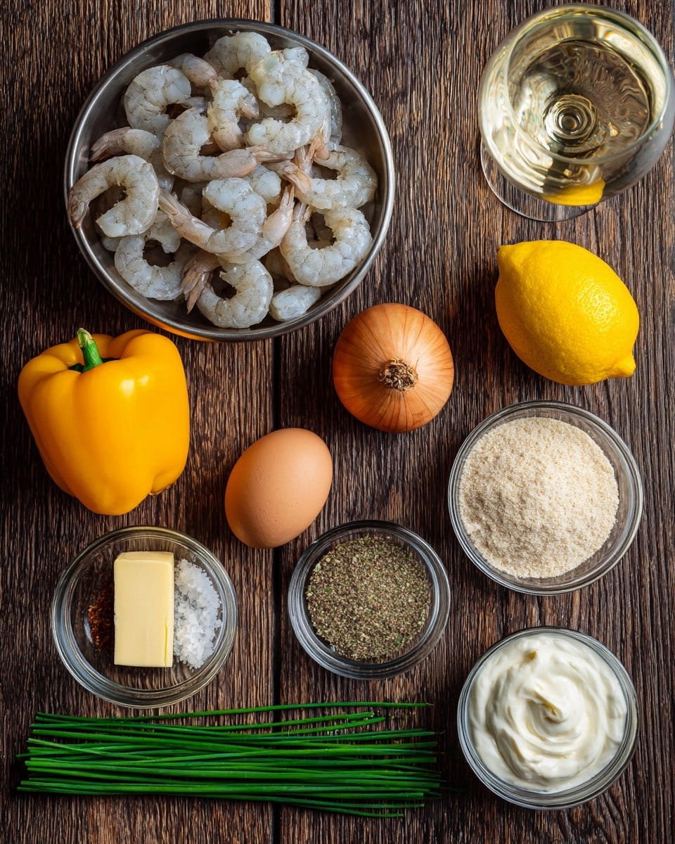 A top view of raw cooking ingredients arranged neatly on a dark wooden surface showing one metal bowl filled with cleaned, peeled gray shrimp at the top left, a bright yellow bell pepper and a single orange onion side by side to its right, a whole yellow lemon with rough zest to the right next to a small glass bowl with light beige bread crumbs below; below these, a small glass bowl holding a brown egg, next to garlic cloves grouped in a cluster, a small white bowl filled with green and brown Tuscan seasoning, a smooth stick of pale yellow butter, green chives bunch laid horizontally, and a clear glass filled halfway with white wine; another small white bowl holds creamy white mayonnaise and another one with white salt, all set against a white marbled textured background; photo taken with an iphone --ar 4:5 --v 7