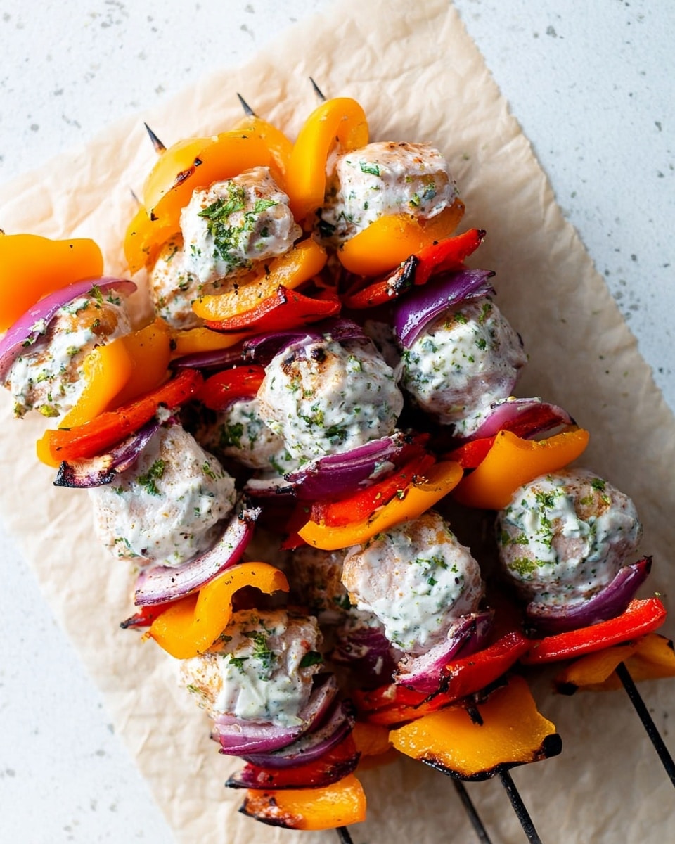 There are four black skewers laying on parchment paper on a white marbled surface. Each skewer has layers going from left to right: bright orange bell pepper slices with a smooth texture, chunks of pale meat coated with a white sauce speckled with green herbs, wedges of purple-red onion with a slightly shiny surface, and pieces of red bell pepper. The colors contrast well, showing a mix of orange, white with green specks, purple-red, and red in a repeating pattern. Photo taken with an iphone --ar 4:5 --v 7