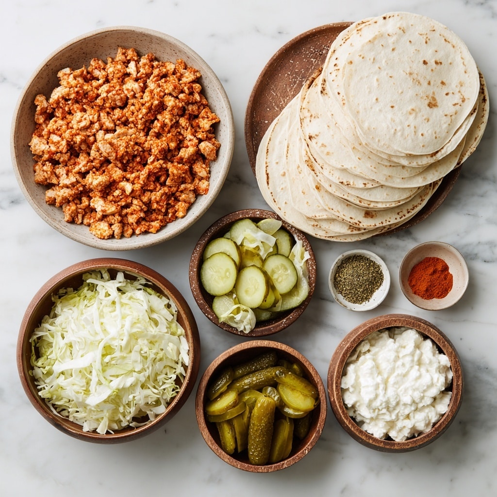 Three tacos sit closely on a white plate, each taco shell golden and crispy with melted cheese edges that look crunchy and browned. Inside each shell, there is a thick piece of browned, grilled meat at the bottom, topped with a layer of finely shredded pale green lettuce. On top of the lettuce, crumbly white cheese with green herbs is scattered. In the background, a small white cup with a yellow sauce is partly visible, all placed on a white marbled surface. photo taken with an iphone --ar 4:5 --v 7