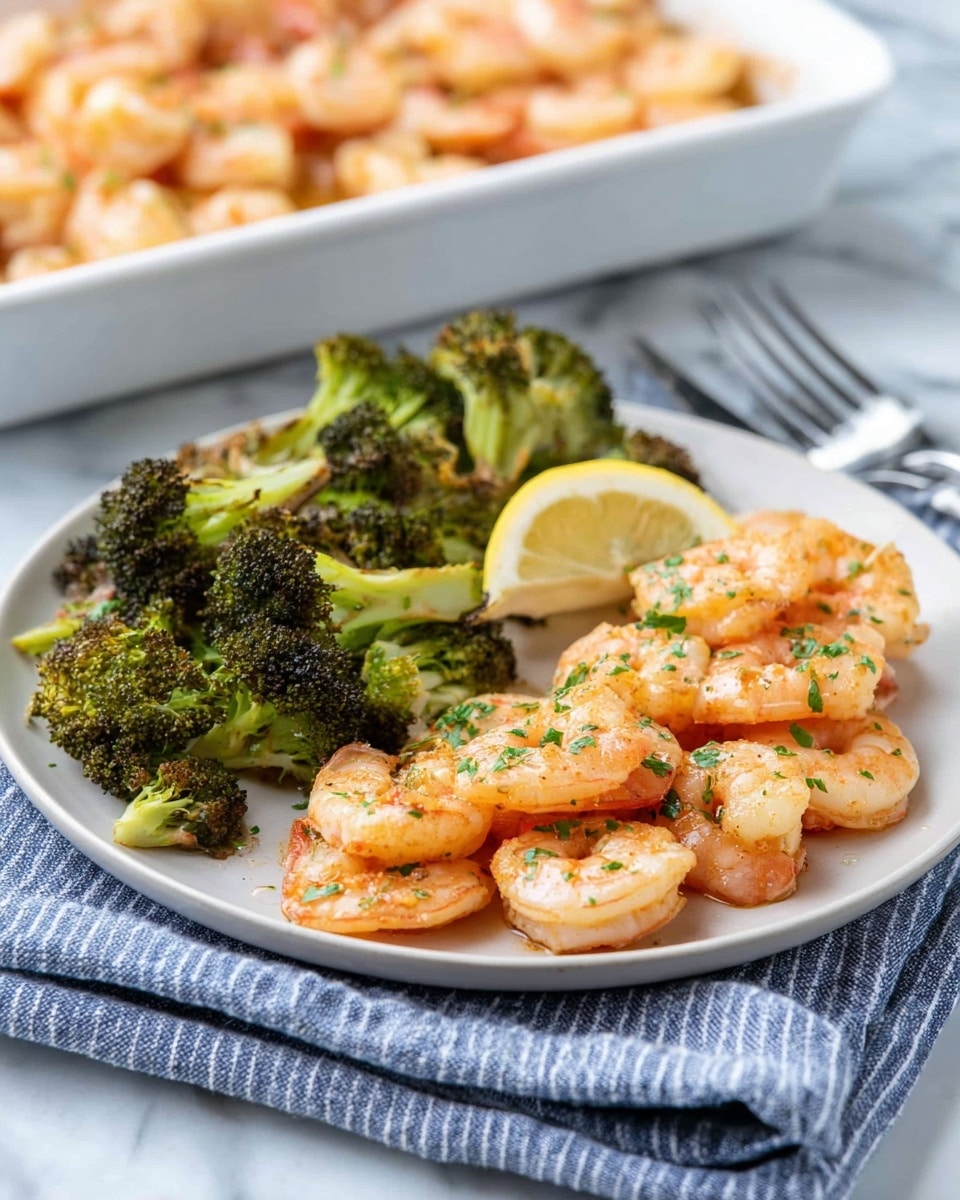 The dish shows a white rectangular baking dish filled with cooked shrimp that are light orange with some darker brown spots from cooking. The shrimp are spread evenly in one layer, scattered with small bits of green herbs on top. There are four lemon wedges placed around the shrimp, adding a pale yellow color contrast. The dish sits on a surface with a white marbled texture. photo taken with an iphone --ar 4:5 --v 7