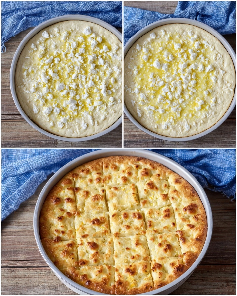 The dish is shown in three stages inside a round white pan placed on a wooden surface with a blue checkered cloth nearby. The first stage shows an unbaked dough layer, pale cream in color, covered with small crumbles of white cheese and drizzled with golden olive oil drops evenly spread on top. The second stage shows the dough fully baked, turning golden brown with a slightly uneven textured surface and small baked cheese spots. In the third stage, the baked dish is cut into square pieces, revealing a light fluffy interior beneath the golden crust, with some cheese visible on top and along the cuts. Photo taken with an iphone --ar 4:5 --v 7