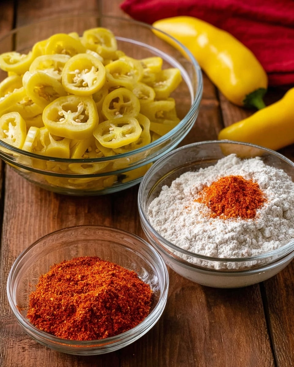 The image shows three clear glass bowls placed on a wooden surface. The largest bowl on the left is filled with sliced yellow banana peppers, showing their round shapes and seeds inside. The middle bowl holds a white flour-like powder with a small pile of reddish-orange spice on top, creating a contrast of colors. The smallest bowl at the front contains only the reddish-orange spice, which is finely ground and bright in color. In the background, there are two whole yellow banana peppers, and a folded red cloth is partially visible. photo taken with an iphone --ar 4:5 --v 7