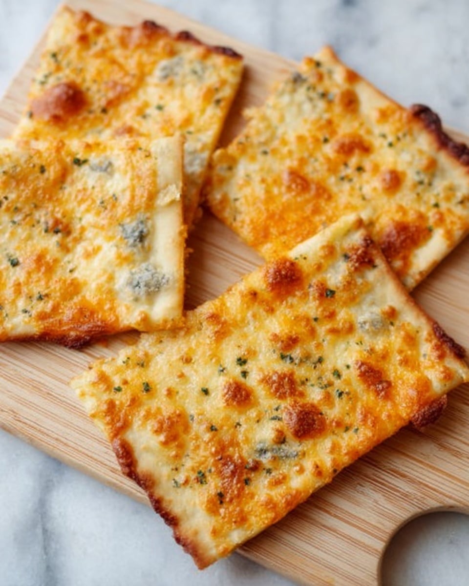 The image shows four rectangular pieces of thin pizza crust on a light wood board with a handle. Each piece has a golden brown baked cheese layer that looks bubbly and slightly melted with some browned spots. There are small bits of herbs sprinkled evenly over the cheese. The edges of the pizza are light brown and slightly crispy. The wooden board is placed on a white marbled surface. No person's hand is visible in the image photo taken with an iphone --ar 4:5 --v 7