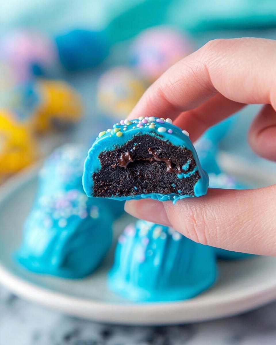 The image shows a row of chocolate sandwich cookies arranged in a slight curve on a white marbled surface. To the left of the cookies, there is a block of wrapped cream cheese. Around the cookies and cream cheese, there are small piles of colorful candy melts in three colors: bright yellow, light blue, and pink. The candy melts are scattered in small round shapes near the cookies and cream cheese, creating a playful and colorful scene. Photo taken with an iphone --ar 4:5 --v 7