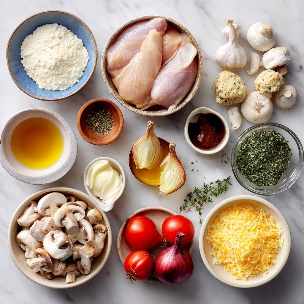 A white wooden bowl filled with a creamy mushroom and chicken stew, showing thick sauce with sliced brown mushrooms and chunks of chicken in the bottom layer. On top of the stew sits a large, golden-brown biscuit sprinkled with finely chopped green herbs, textured with a slightly crispy crust and soft inside. The bowl is on a wooden table against a backdrop of small orange pumpkins and autumn leaves, with a dark curtain and two ceramic vases in green and blue behind it. The scene is warm and cozy, evoking a fall theme. Photo taken with an iphone --ar 4:5 --v 7
