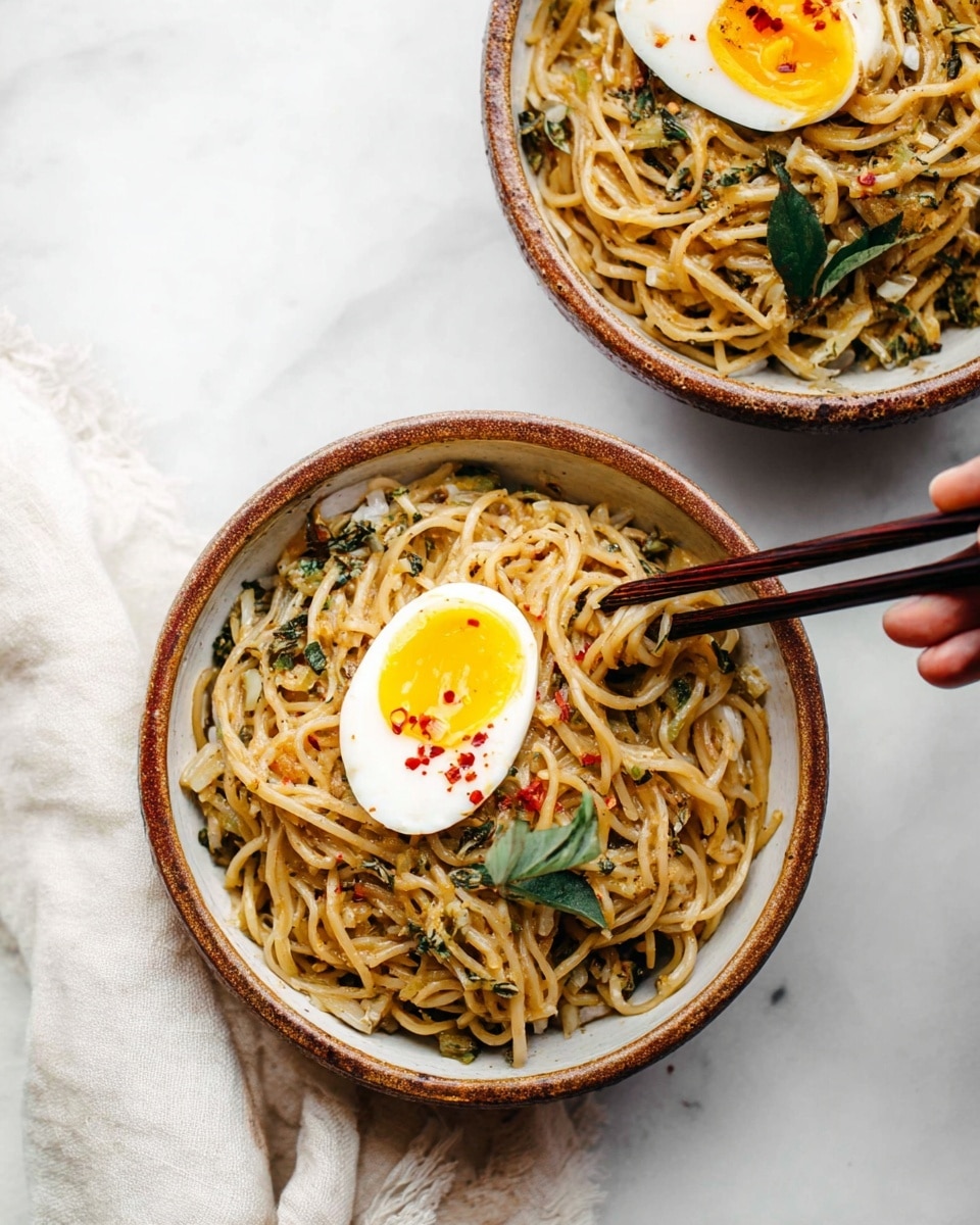 A close-up of two white bowls filled with cooked noodles mixed with green herbs and small bits of vegetables. Each bowl has a halved soft-boiled egg with a bright yellow yolk placed on top, garnished with red pepper flakes and a small green leaf. One bowl is partially wrapped with a woman’s hand holding a pair of dark wooden chopsticks lifting some noodles. The bowls have a rustic brown rim and sit on a white marbled surface with a soft light cloth nearby. photo taken with an iphone --ar 4:5 --v 7