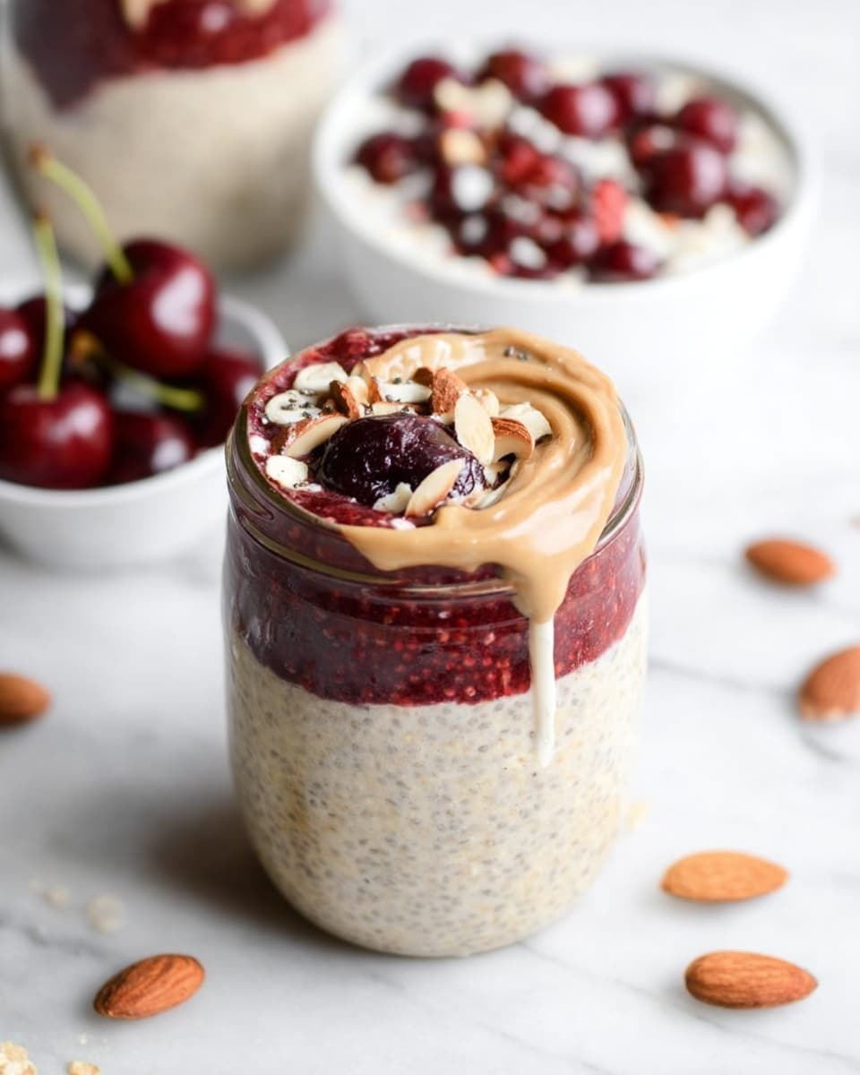 A close-up of a white bowl with three main layers: the bottom layer is creamy oatmeal visible at the edges, the middle layer is a thick, bright red cherry jam with visible seeds and chunks of cherries, and the top layer has a light brown nut butter spread that appears smooth and slightly shiny. There are sliced almonds sprinkled mainly on top, adding a pale cream color and crunchy texture. In the foreground, a woman's hand holds a spoon lifted from the bowl showing a mix of the red jam, almonds, and oatmeal. The background is a white marbled surface with whole cherries and almonds scattered around, and another bowl with a similar layered mix out of focus. Photo taken with an iphone --ar 4:5 --v 7