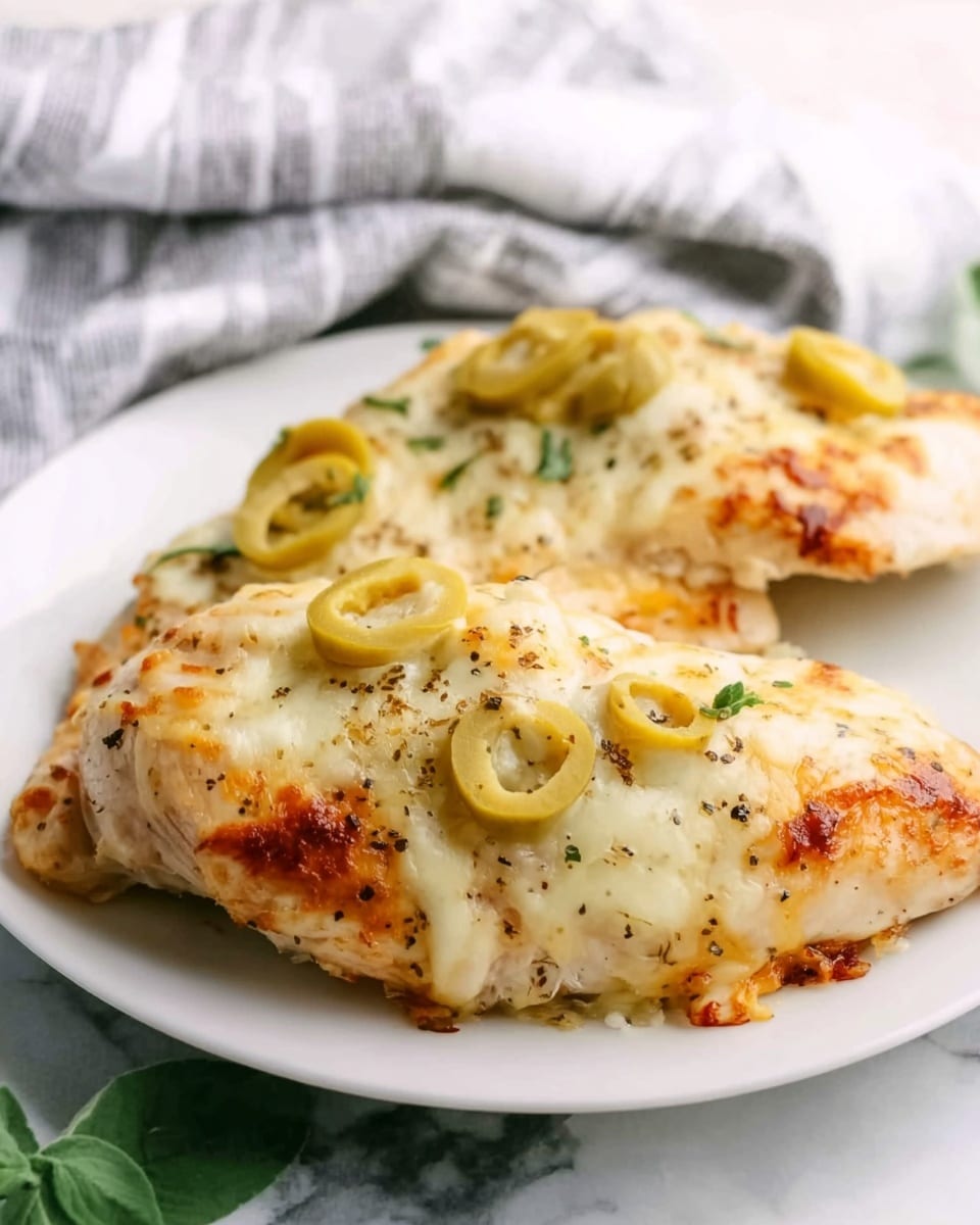 A close-up of two cooked chicken pieces on a white plate, each topped with melted cheese that is golden brown in spots and slices of green olives scattered across the cheese. The chicken has a light seasoning that can be seen as small black and green specks. In the background, there is a white marbled surface with a gray and white striped cloth and a small green herb leaf on the side. The lighting is bright and natural, highlighting the texture of the melted cheese and the seasoning on the chicken. photo taken with an iphone --ar 4:5 --v 7