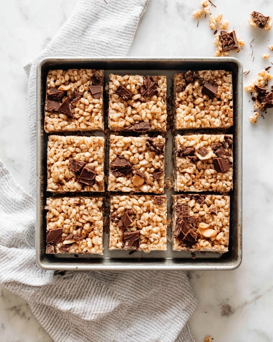 The image shows a square metal baking tray filled with nine evenly cut bars made from light tan puffed rice cereal mixed with pieces of broken chocolate candy scattered on and throughout the bars. The bars have a slightly rough texture with patches of darker chocolate color breaking up the pale cereal base. The tray is placed on a white marbled surface with a light gray and white striped cloth underneath and to the side, along with some scattered pieces of the same chocolate candy. photo taken with an iphone --ar 4:5 --v 7