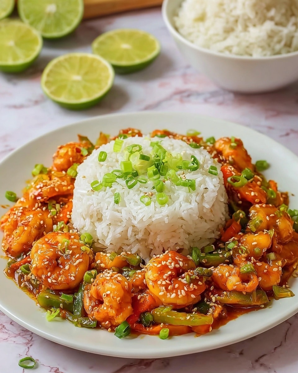 The image shows a close-up of a white bowl filled with white rice at the bottom layer, topped with a mix of shrimp and vegetables covered in a creamy orange sauce. The shrimp are golden and shiny, with visible green peas and sliced bell peppers in yellow and red scattered throughout. A woman's hand holds a golden spoon above the bowl, lifting a shrimp coated in the sauce, highlighting the texture and color contrast. The background is a soft blur with a white marbled texture surface beneath the bowl, and a lime and white bowl of rice faintly visible in the back. photo taken with an iphone --ar 4:5 --v 7