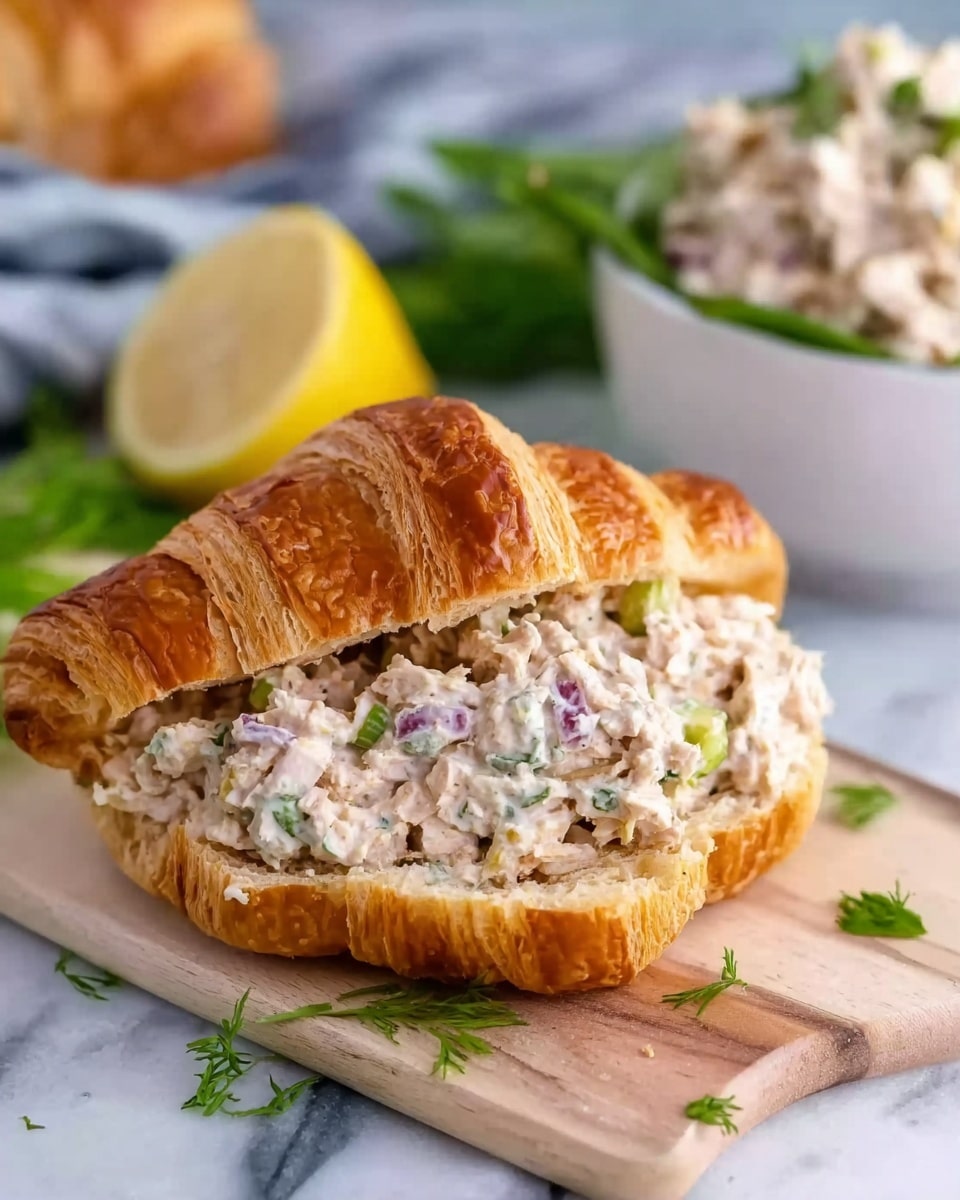 A golden brown croissant sliced open and filled with a creamy, chunky tuna salad that has visible small green and purple vegetable pieces mixed in. The croissant rests on a light wooden board with a few fresh green herbs scattered around it. In the background, there is a white bowl with what looks like more tuna salad and green garnish, slightly blurred. A lemon wedge sits behind the croissant, adding a touch of yellow contrast. The surface beneath everything is white marble. photo taken with an iphone --ar 4:5 --v 7