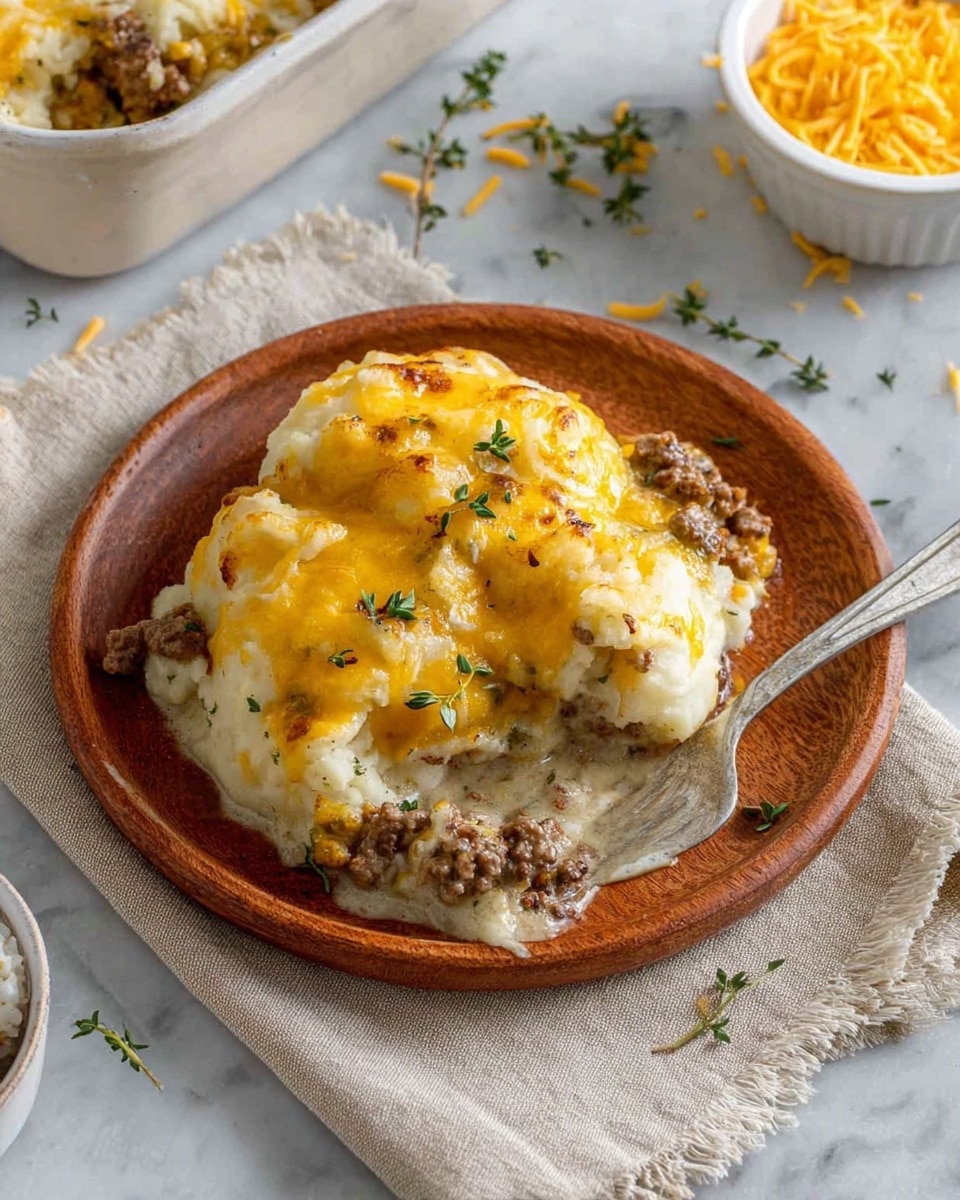 In a white baking dish filled with a rich casserole, the top layer is golden melted cheese with small browned spots and sprinkles of green herbs. Below the cheese, there are rounded mounds of soft dough mixed with bits of browned meat visible within the creamy white sauce. The creamy sauce has some herbs blended into it, adding texture and color. A silver spatula held by a woman's hand lifts a large scoop showing the thick creamy texture and the mix of dough and meat. In the background, a white ramekin filled with shredded orange cheese sits on a white marbled surface. Photo taken with an iphone --ar 4:5 --v 7