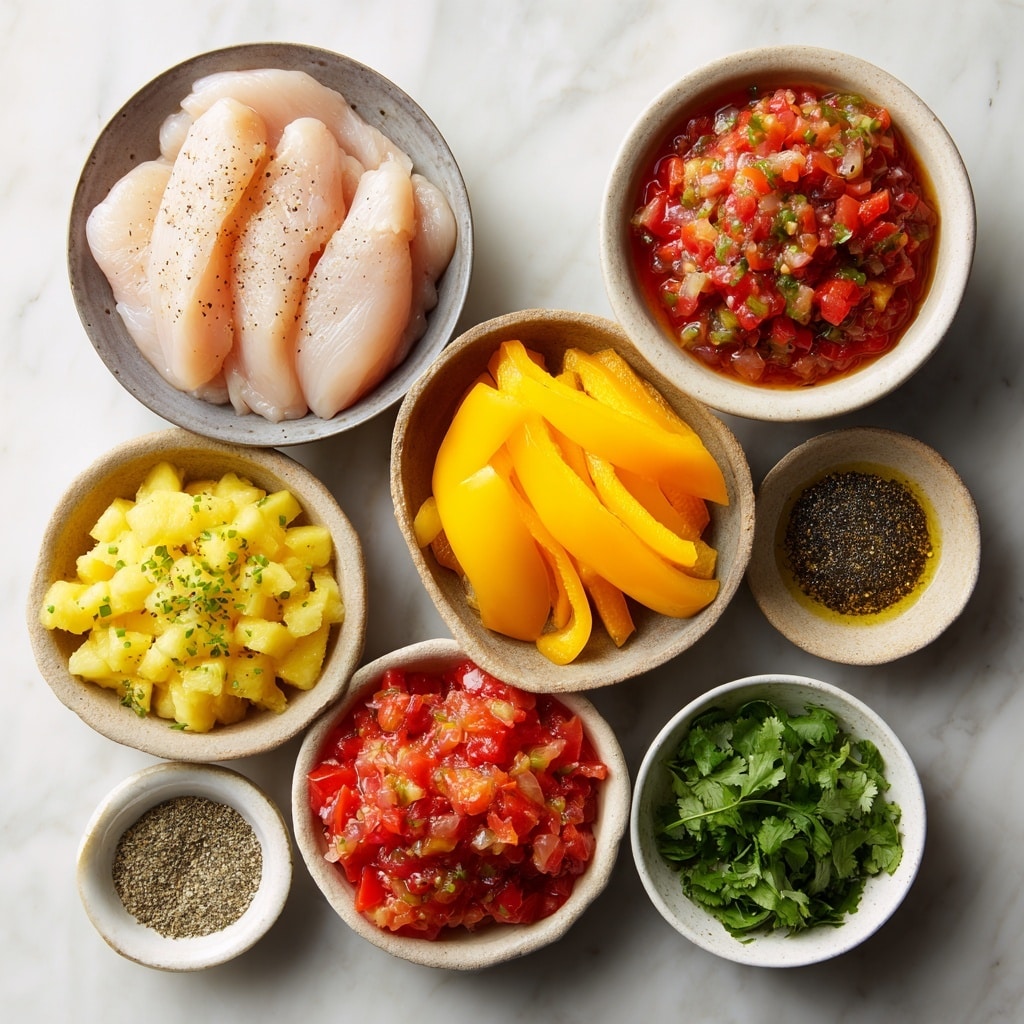 The image shows a white plate filled with five grilled chicken pieces arranged closely together. Each piece has a golden-brown color with visible grill marks and is topped with a glossy orange sauce that has small bits of red and green peppers. Bright yellow mango chunks are scattered around the chicken, adding a fresh and vibrant contrast. Green chopped herbs are sprinkled over the chicken and mango, giving a fresh touch. The plate is set on a white marbled surface. Photo taken with an iphone --ar 4:5 --v 7