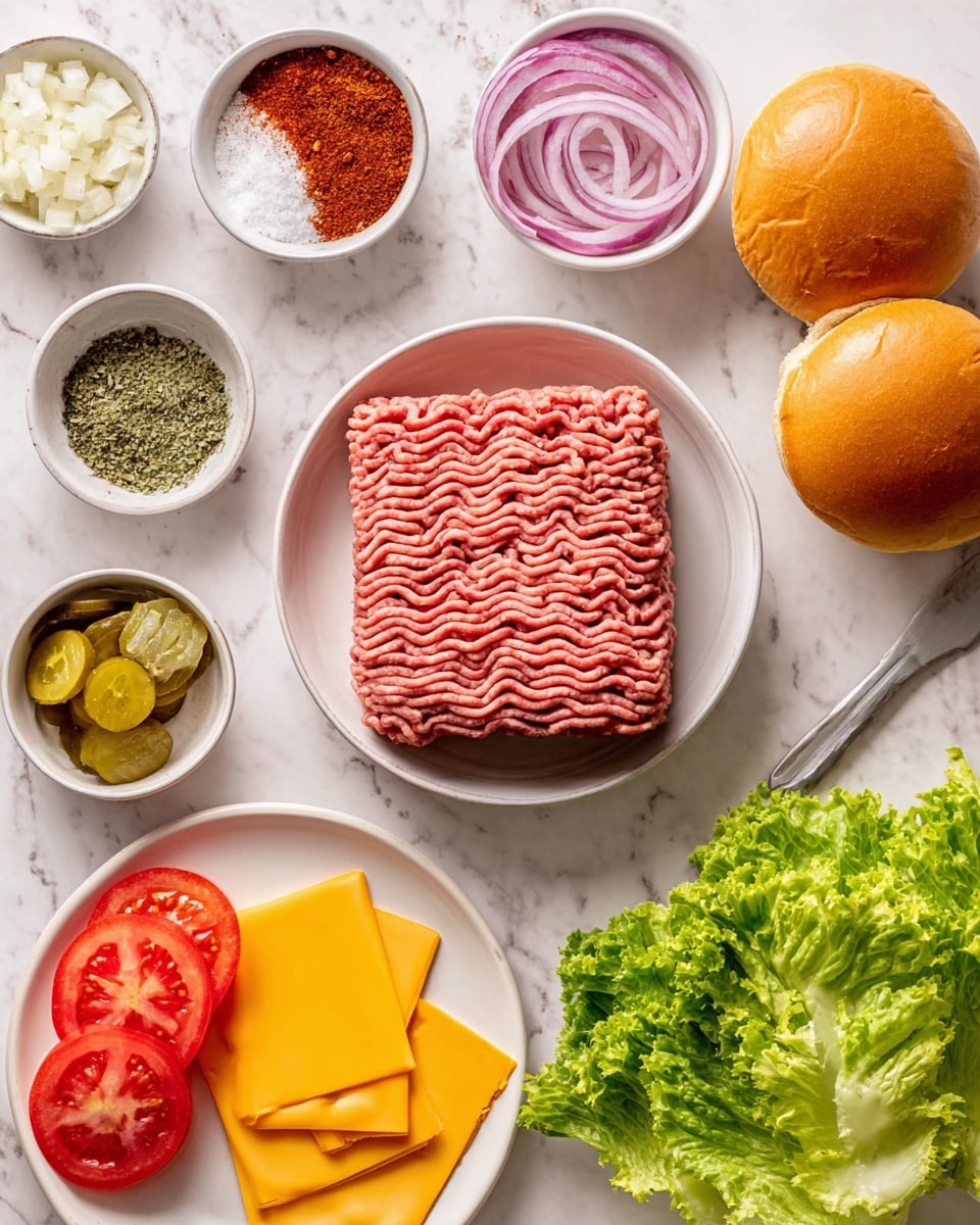 The image shows ingredients for making burgers laid out on a white marbled surface. In the center, there is a white bowl with raw ground meat shaped in a rectangular block with a textured, wavy pattern. Around it, there are small white bowls containing red spice powder, dried green herbs, salt and pepper mix, granulated garlic, sliced red onions, and sliced pickles. To the right, two golden-brown burger buns rest close together. At the bottom right, a white plate holds several bright yellow slices of cheese and fresh green lettuce leaves. Next to it, a small bowl contains thick, bright red tomato slices. The setup is neat and colorful with a clear focus on fresh ingredients ready to assemble burgers. photo taken with an iphone --ar 4:5 --v 7